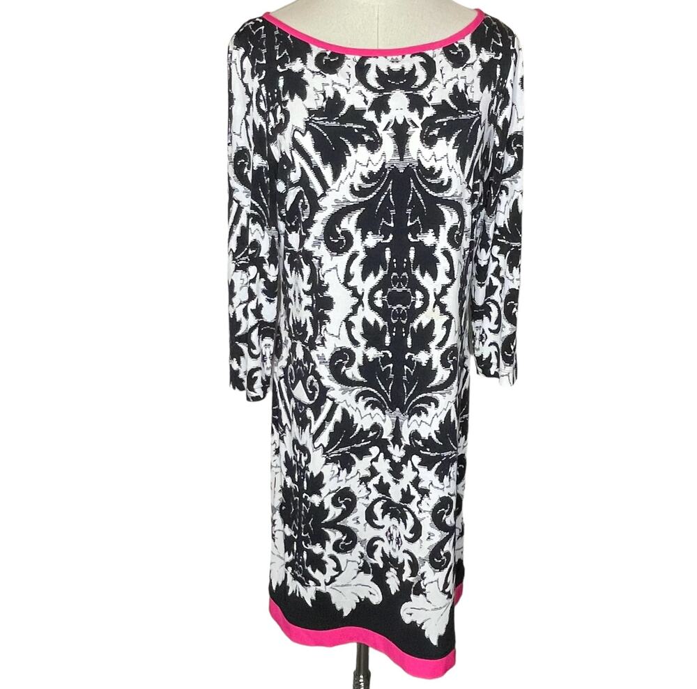 Eliza J Size 8 Black and White Acanthus Print Fitted Sheath Dress Hot Pink Trim